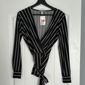 Black Striped Wrap Top